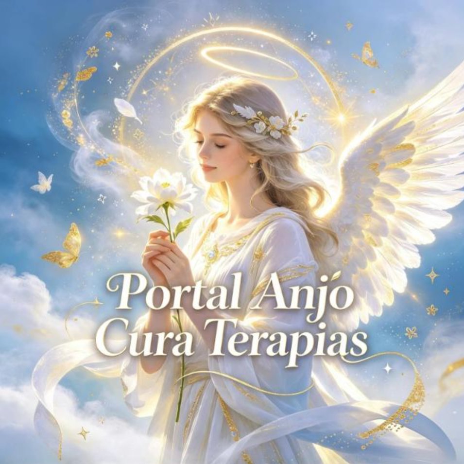 Anjo feminino de asas brancas e auréola dourada, segurando uma flor branca entre nuvens e luz celestial, com o nome Portal Anjo Cura Terapias